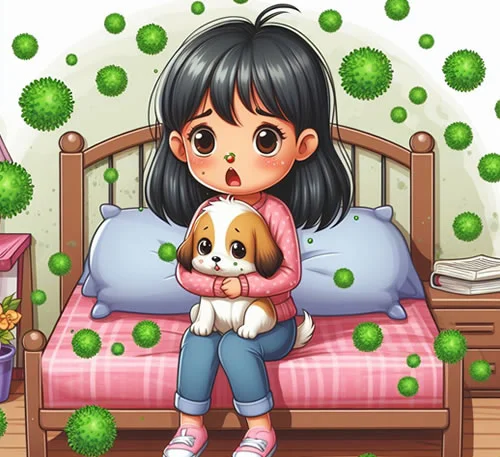 A cute girl hold the pet and scared from mold