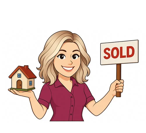 Cartoon woman holding a home and sold banner