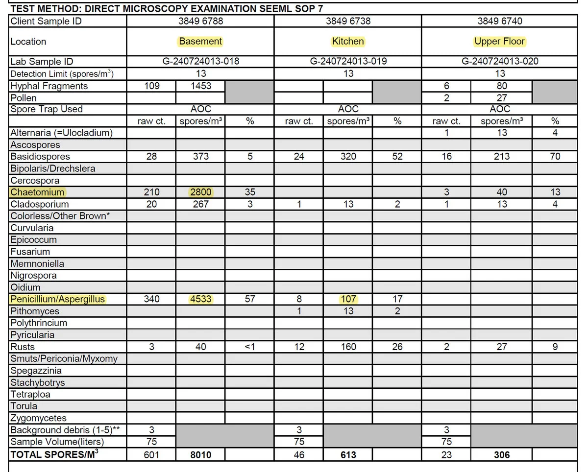 Mold inspection test report from a professional mold testing consultation in Cary, IL